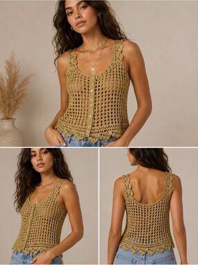 Metro 7 Vntg Gold Reflective Crochet Tank Women’s Top Sz XL Boho Y2K Cottage